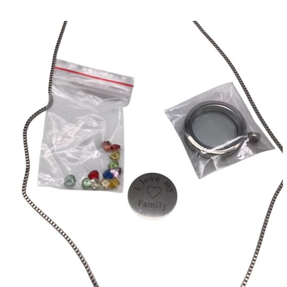 I Love My Family Locket Necklace Chain With Charms Set 21in Sliver Tone - Picture 6 of 10